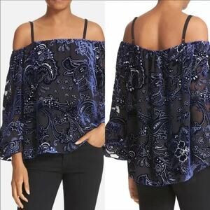 Parker Blue Burnout paisley Velvet Top XS Off the Shoulder Ruffle Boho Blouse